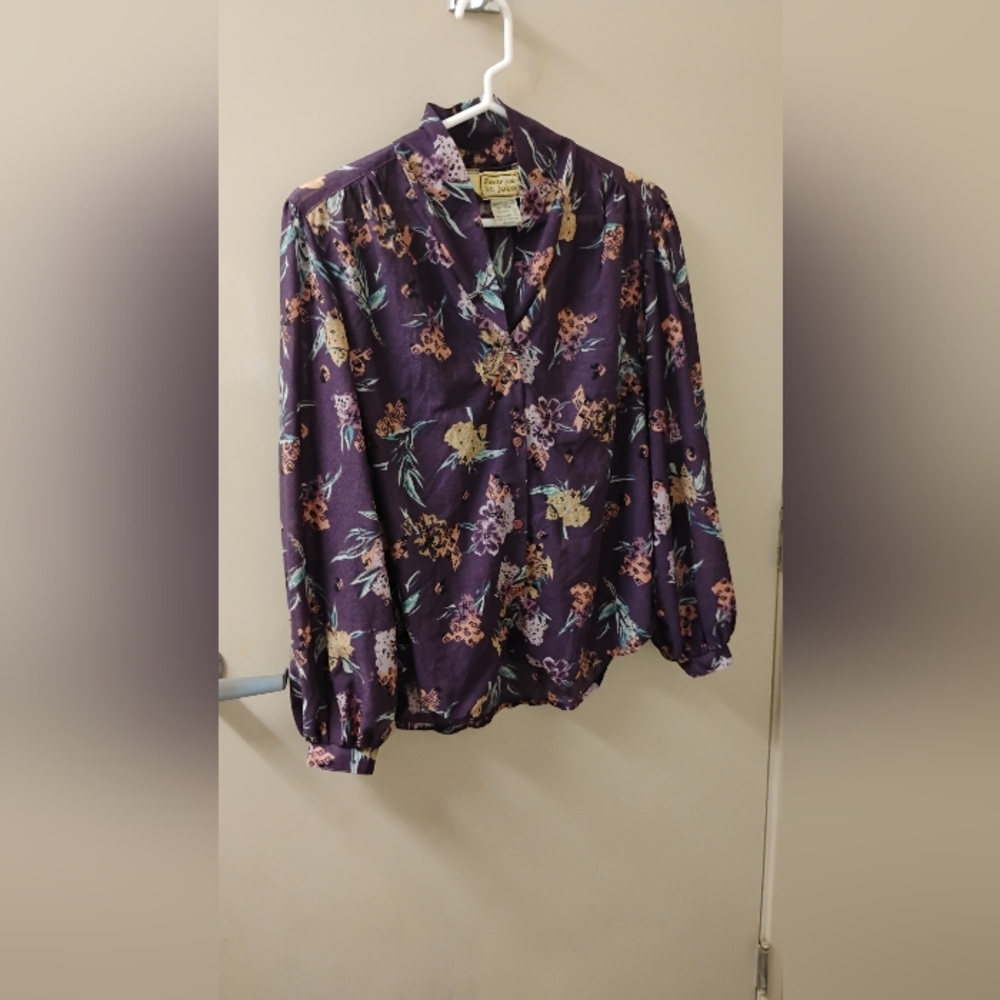Vintage 1970s Andrew St. John Purple Floral Polyester Blouse